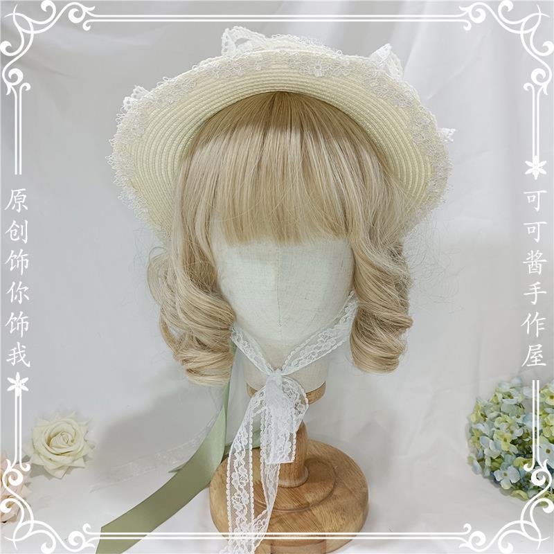 Original Handmade Lolita White Chrysanthemum Straw Hat with Bow Ribbon Sun Hat Sweet Fairy Ancient Style Outing Pastoral Hat