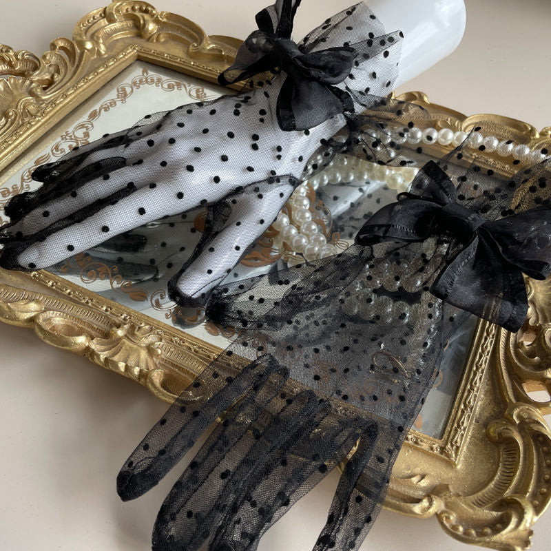 Handmade - Polka Dot Mesh Bow Gloves - Wrist-length sheer polka dot