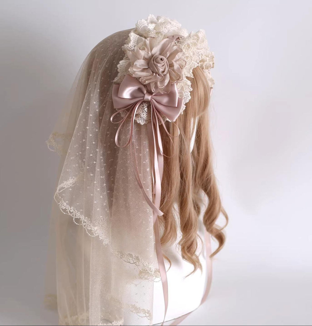 Xiaogui - Elegant Champagne Lolita Headdress - Floral & Bows Headwear
