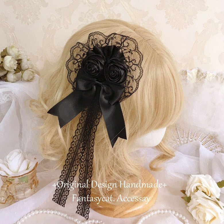 Handmade vintage Lolita black floral hair clip headband with intricate floral design and elegant style.