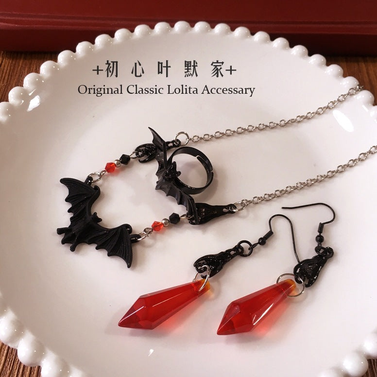 Halloween Accessories Set Little Devil Necklace Ring Blood Drop Earrings Dark Lolita Accessories