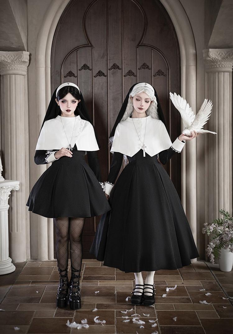 With PUJI - Nihil - Gothic Nun Lolita OP Dress, Irregular Hem Cape