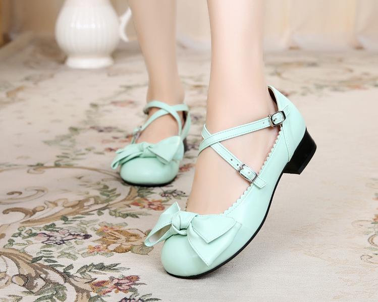 Sosic - Bow and Low Heel Cross Band Lolita - Leather Shoes Shoes