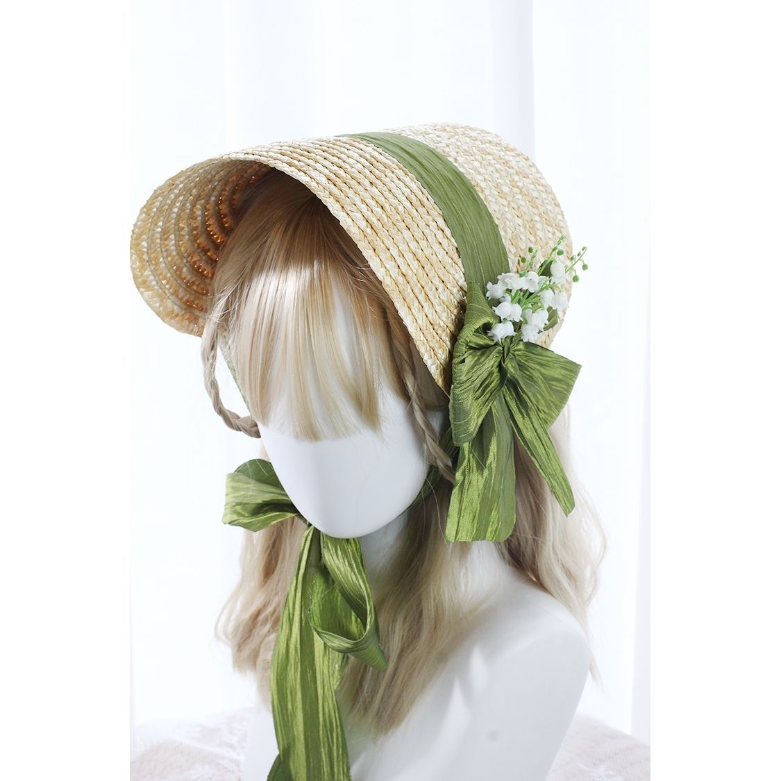 French Country Lolita Handmade Lily of the Valley Forest Style Bowknot Bnt Flat Hat Straw Hat Photo Shoot Catwalk Cla