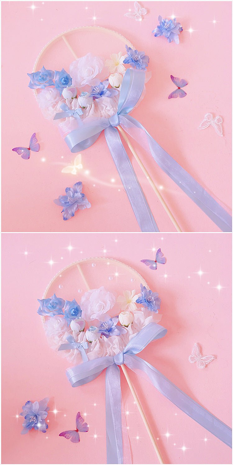 Handmade blue sakura Lolita round fan wand with long handle, featuring floral design, perfect for Lolita fashion outfits.
