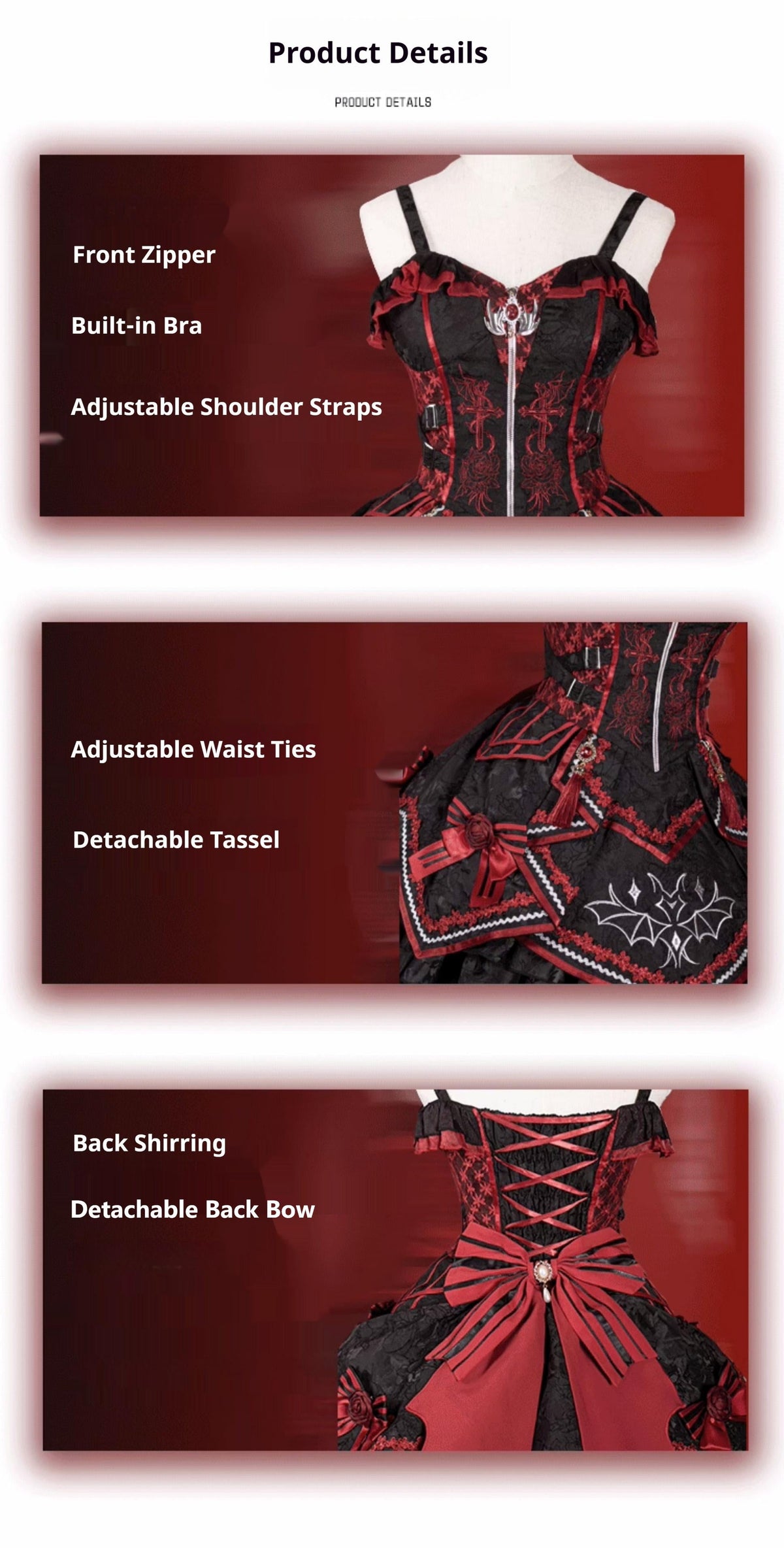 OCELOT - Dark Bat Motion - Black-and-Red Gothic Lolita JSK Dress with rose and cross embroidery - product detail 10