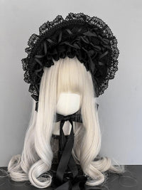 MAID - Gothic Lolita Lace Bonnet Wide Brim - Bow BNT Headwear - Black