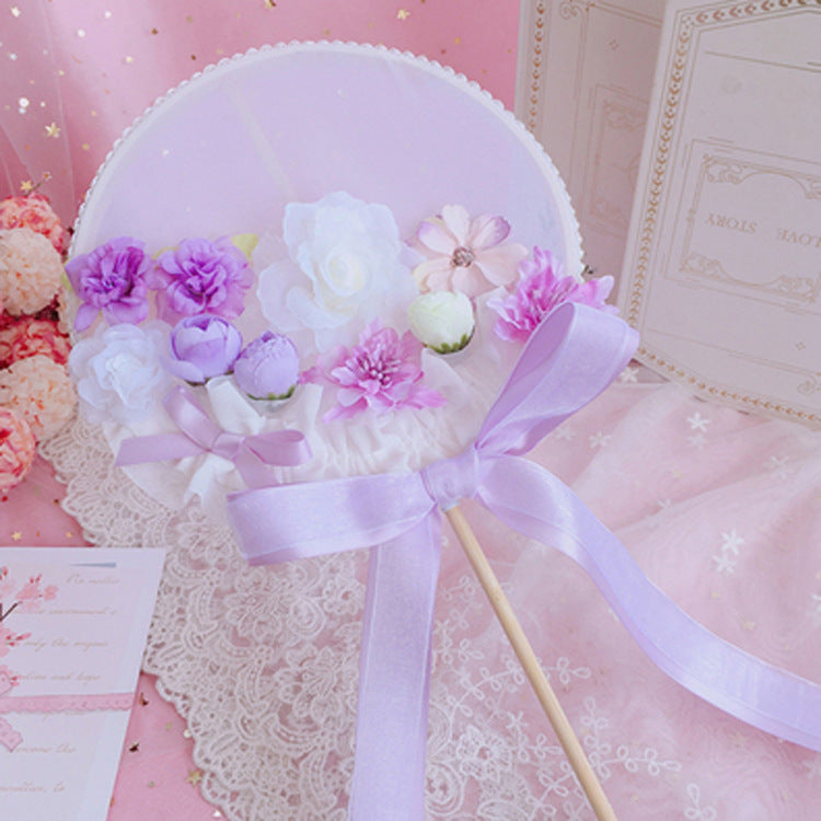 Original Handmade Blue Sakura Lolita Long Handle Round Fan Gorgeous Tea Party Lolita Fairy Wand Photo Prop