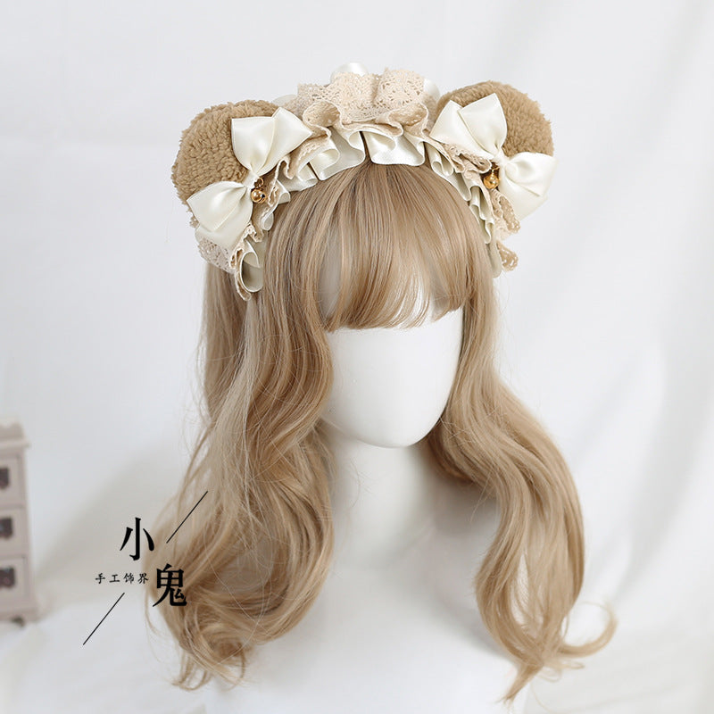 Handmade LolitaFetch bear ear bow lace headband with cute bear ears and lace detailing, perfect as a stylish hair accessory.