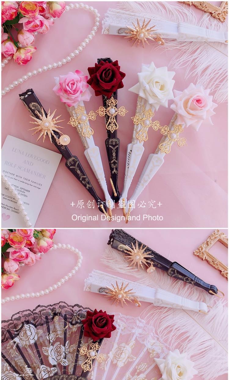 Lolita Lace Fan Gorgeous Retro European Style Rose Folding Fan Tea Party Dark Gothic Comic Con Cosplay Prop