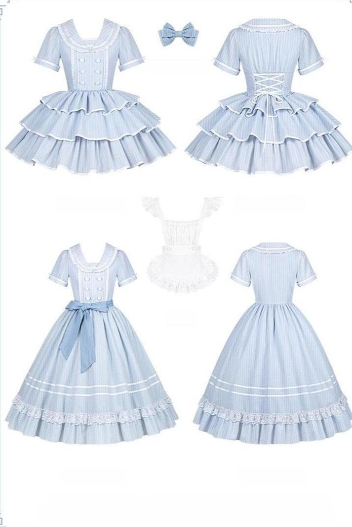 With PUJI - Seven-Day Bell - Blue Classic Lolita Striped OP Dress, Sailor Collar