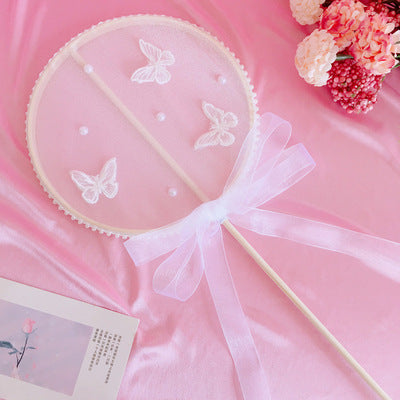 Original Handmade Blue Sakura Lolita Long Handle Round Fan Gorgeous Tea Party Lolita Fairy Wand Photo Prop