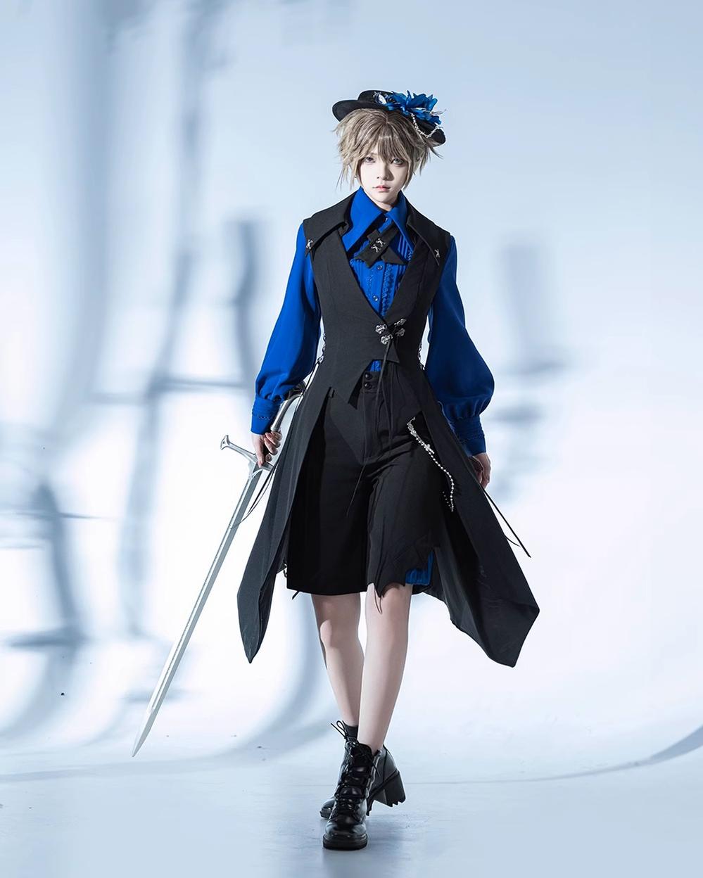 Princess Chronicles - Crimson Ash Zero - Ouji Lolita Vest Handsome Slim Long Black Vest