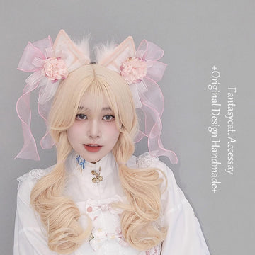 Gorgeous Handmade Lolita Elements Ancient Style Chinese Style Hanfu Hair Accessories Artificial Flower Plush Animal Ear Headband Bow Cat