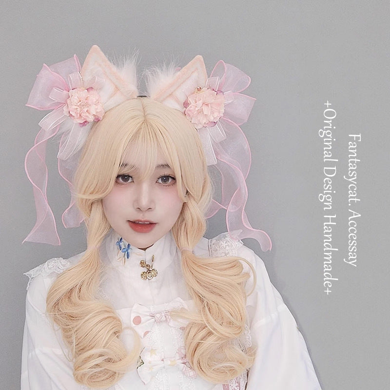 Gorgeous Handmade Lolita Elements Ancient Style Chinese Style Hanfu Hair Accessories Artificial Flower Plush Animal Ear Headband Bow Cat