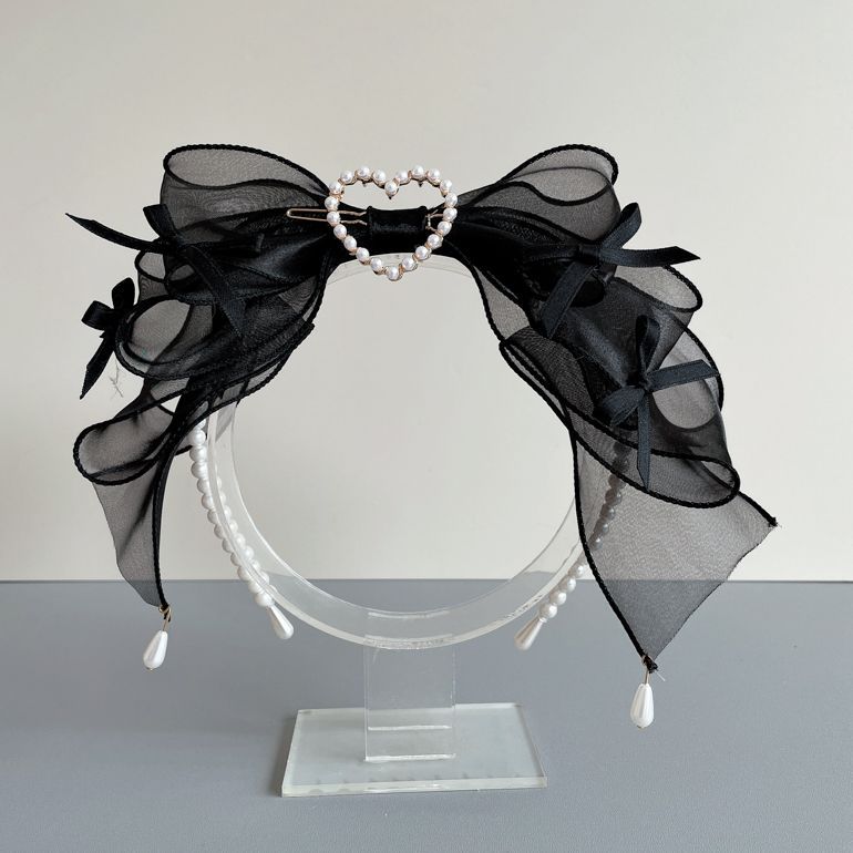 Handmade LolitaFetch organza bow pearl hair accessory with elegant bow and pearl accents, perfect for Lolita fashion or special occasions.