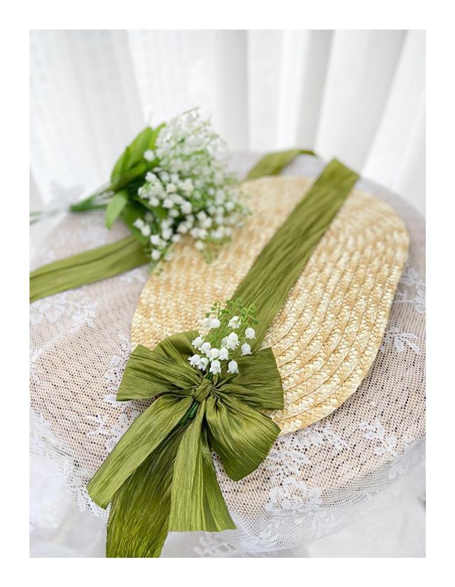 French Country Lolita Handmade Lily of the Valley Forest Style Bowknot Bnt Flat Hat Straw Hat Photo Shoot Catwalk Cla