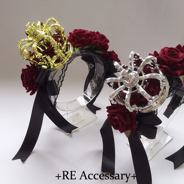 Christmas Gothic Crown Red Rose Headband Lolita Ribbon Hair Accessory Vintage Festival Party Veil Accessory