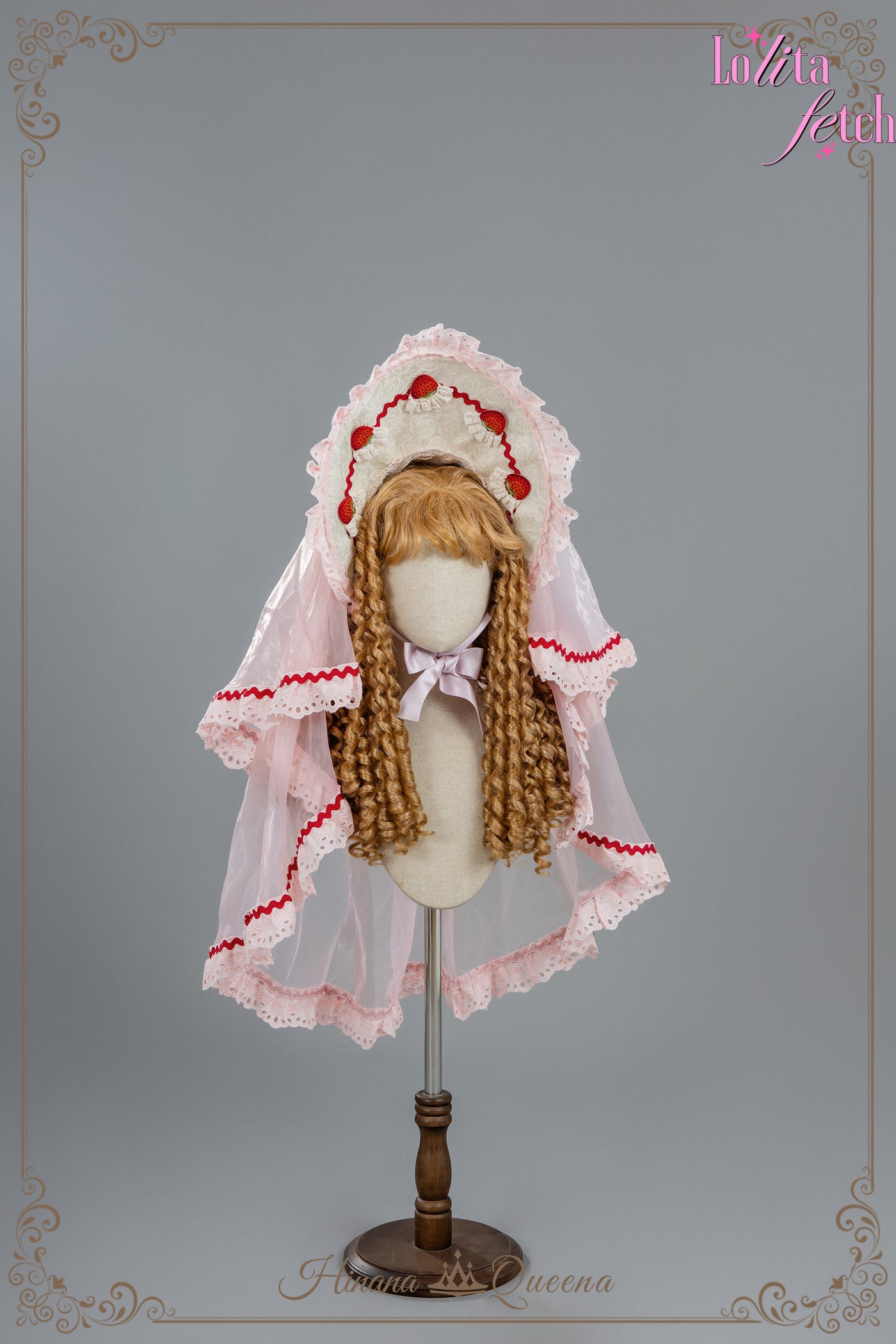 Strawberry Party Lolita Fetch wedding dress, featuring a floral JSK and OP in pastel pink with lace and ribbon details.