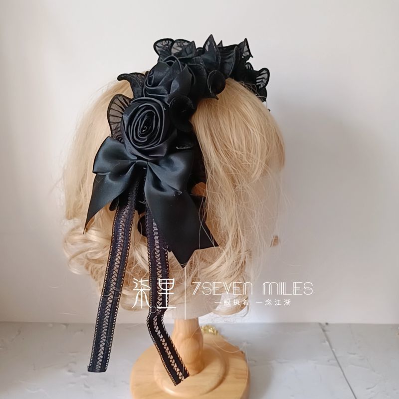 Handmade - Nightfall Retro Black Flower - black Lolita hair accessory