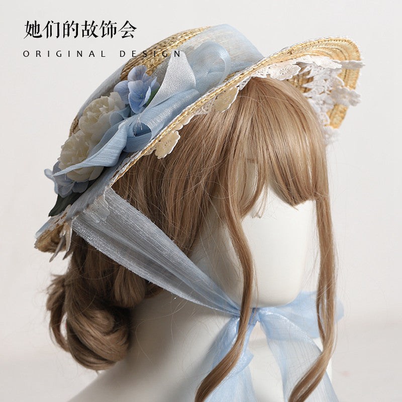 Lolita Flower Straw Hat for Women Summer Flat Hat Lolita Sun Protection Shade Han Yang Eclectic Mori Style Hat for Women