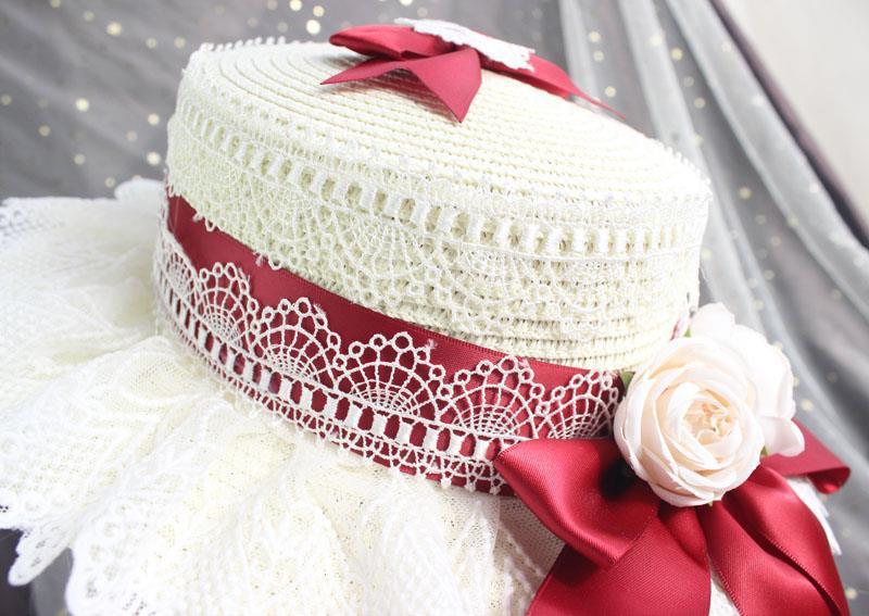 Lolita Straw Hat Mori Style Sweet Bowknot French Girl Flower Sun Hat Lolita Flat Top Hat Straw Hat