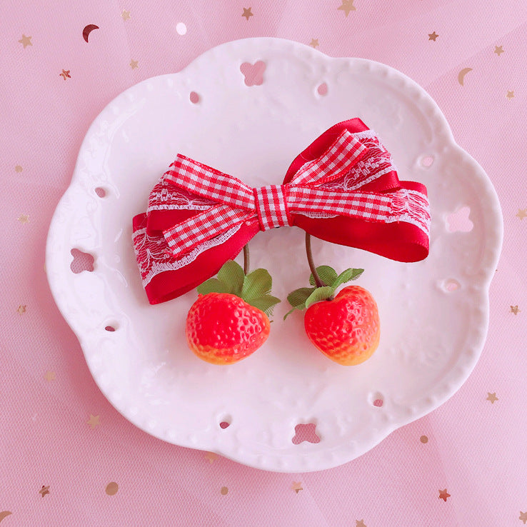 Strawberry Sweet Lolita Plaid Bow Hair Clip Hair Accessory Mori Style Strawberry Side Clip Japanese Soft Girl Cute Girl