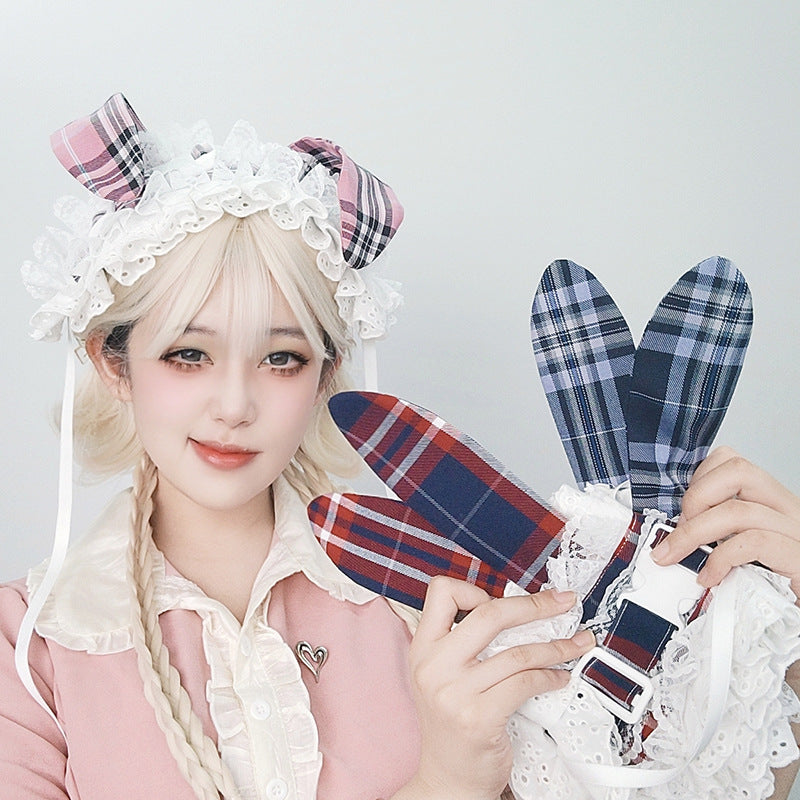Subculture Retro Plaid Buckle Hairband Ancient Rural Style Lolita KC Lace Japanese Style Lolita Cat Ear Hair Accessory