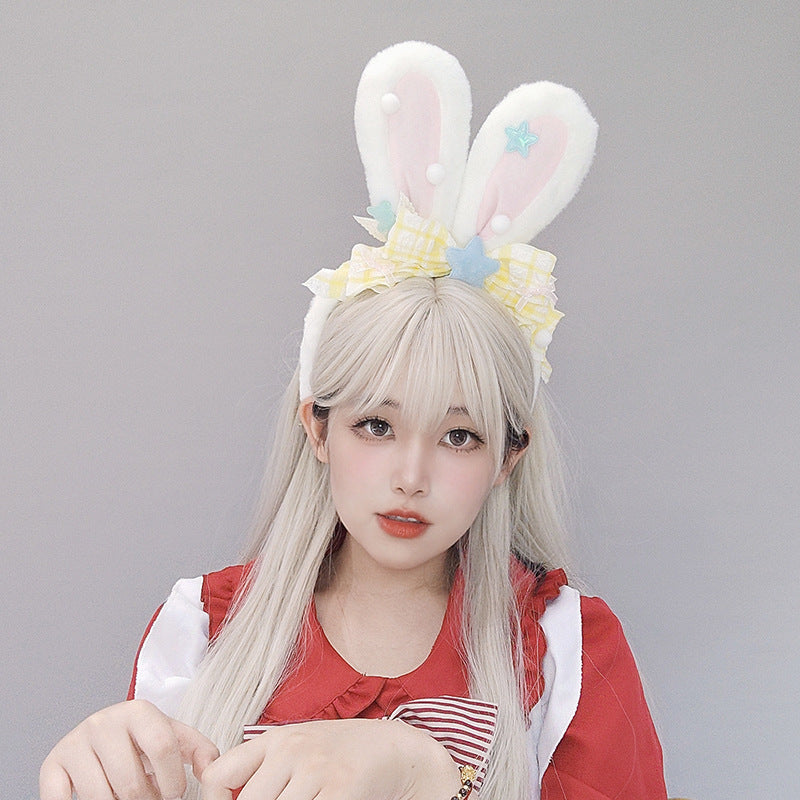 Japanese Style Cute Plush Bunny Hair Accessories Lolita Girl Comic Exhibition Headwear Ytk Bowknot Realistic Bunny Ear Hairband - Lolita Fetch