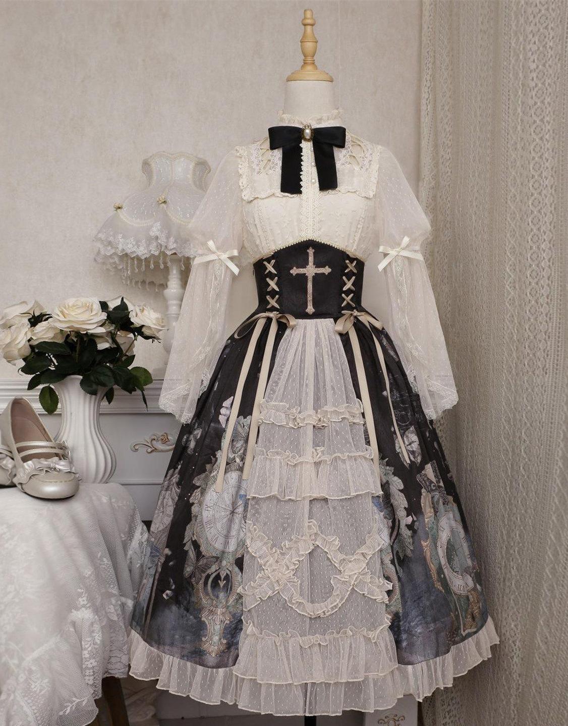 Your Princess - Clock Butterfly - Gothic Lolita Printed Blouse and Corset Skirt Set