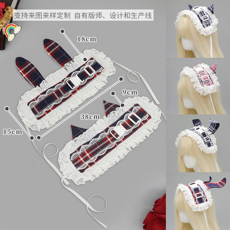 Subculture Retro Plaid Buckle Hairband Ancient Rural Style Lolita KC Lace Japanese Style Lolita Cat Ear Hair Accessory
