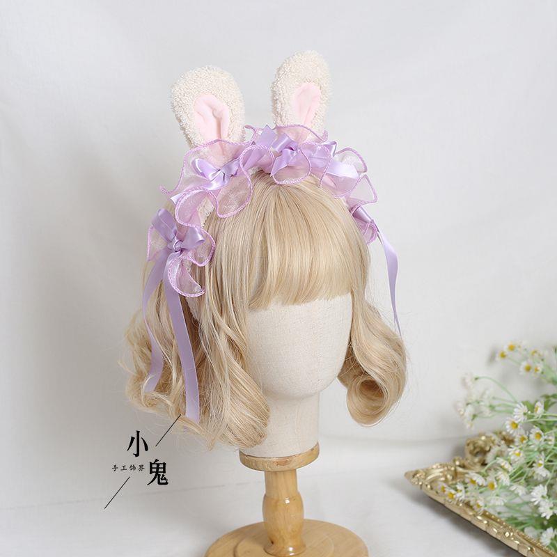 Lolita Handmade Ribbon Bunny KC Sweet Cute Bowknot Bunny Ear Headband Lolita Ruffled Hair Accessory Headwear - Lolita Fetch