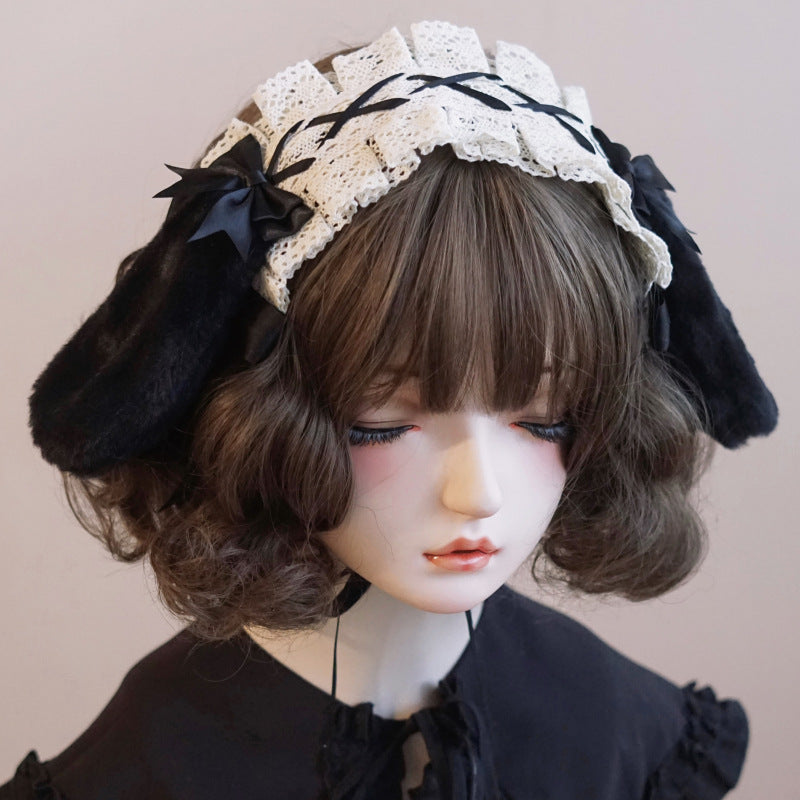 Original Handmade Drop Ear Rabbit Bunny Ear Ruffle Hairband Cotton Linen Japanese Korean Lolita
