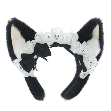 Plush Lolita Headband Lace Bow Hair Accessory Realistic Animal Ears Maid Corgi Hair Ornament Japanese KC Headband