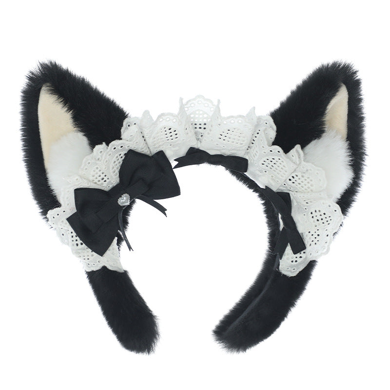 Plush Lolita Headband Lace Bow Hair Accessory Realistic Animal Ears Maid Corgi Hair Ornament Japanese KC Headband