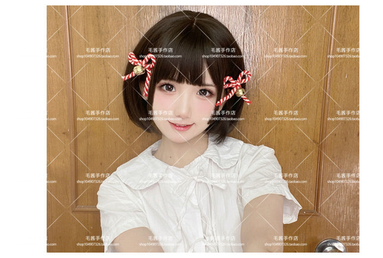 Cute Girl Red & White Striped Bell Bow Hair Clip Lolita Side Clip Style