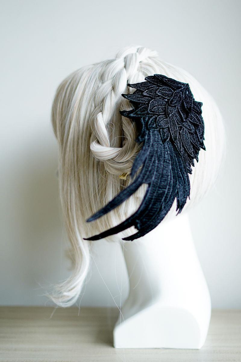 Original Design Angel Wings Lolita Feather Black and White Two-tone Embroidered Hair Clip Styling - Lolita Fetch