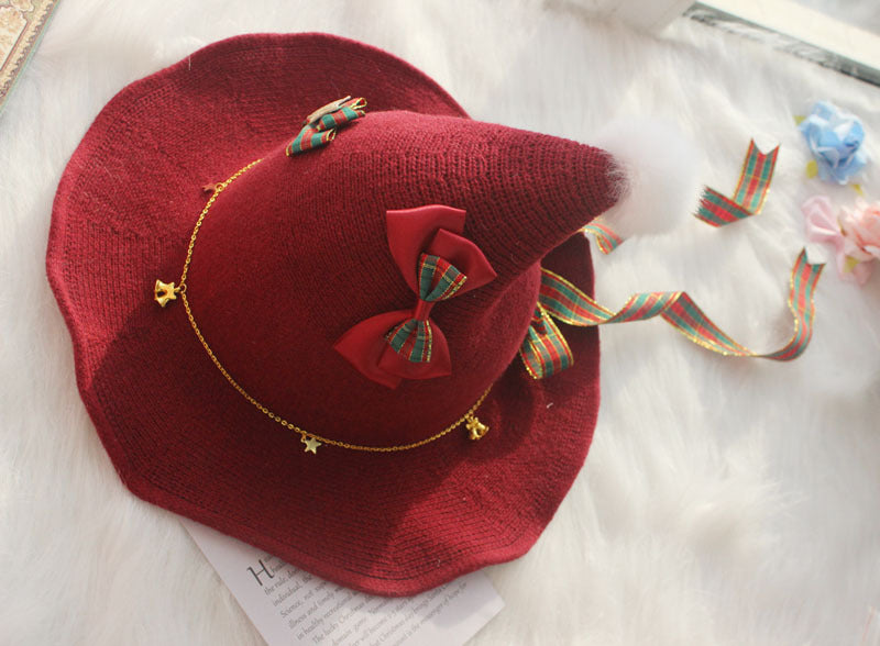 Handmade Christmas Lolita pointy knit hat with pom-poms, holiday-themed hair accessory from LolitaFetch featuring festive red and white colors.