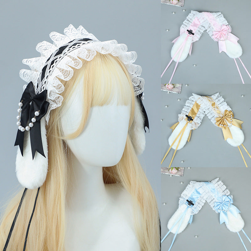Comic Con Lolita Bunny Ear Headband Bowknot Soft Girl Style Bunny Ear Hair Accessory Anime Maid Lolita Headwear