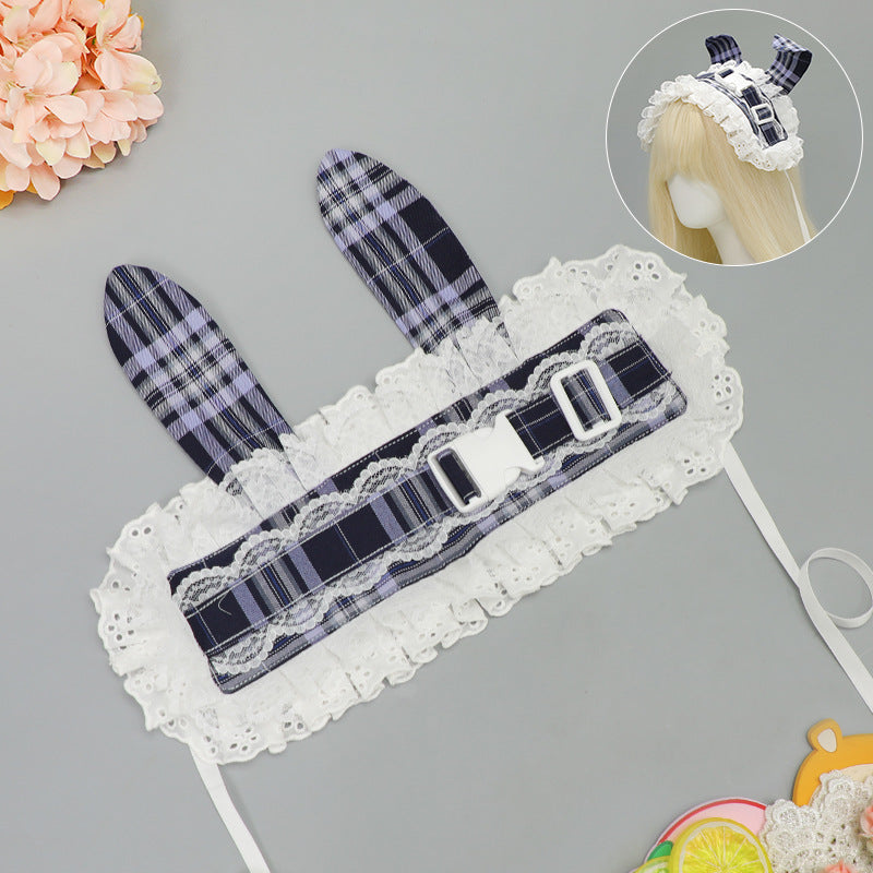 Subculture Retro Plaid Buckle Hairband Ancient Rural Style Lolita KC Lace Japanese Style Lolita Cat Ear Hair Accessory