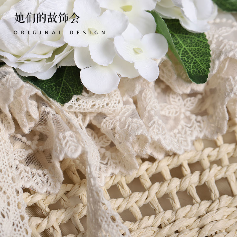 Handbag Paper Straw Woven Original Handmade Lace Flower Lolita Soft Girl Pastoral Style 2022 New Beach Bag - Lolita Fetch