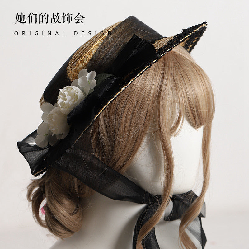 Lolita Flower Straw Hat for Women Summer Flat Hat Lolita Sun Protection Shade Han Yang Eclectic Mori Style Hat for Women