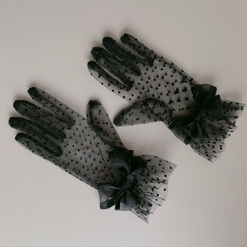 Handmade - Polka Dot Mesh Bow Gloves - Wrist-length sheer polka dot
