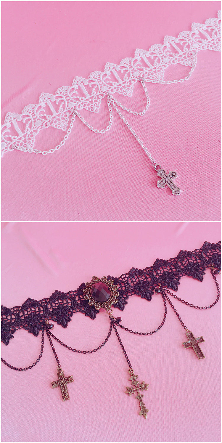 Gothic Retro Cross Choker Soft Girl Lolita Lace Short Necklace Collarbone Chain Accessory