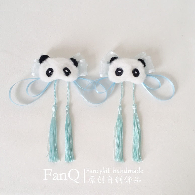 FanQ Handmade Mori Style Lolita Green Gauze Little Panda Bow Tassel Hair Accessory