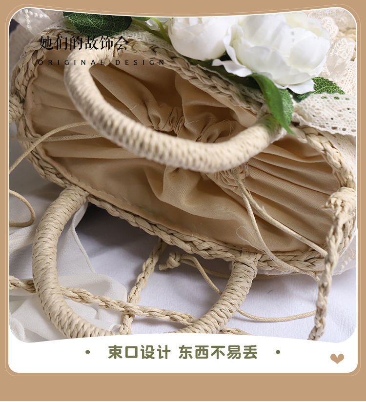 Handbag Paper Straw Woven Original Handmade Lace Flower Lolita Soft Girl Pastoral Style 2022 New Beach Bag - Lolita Fetch