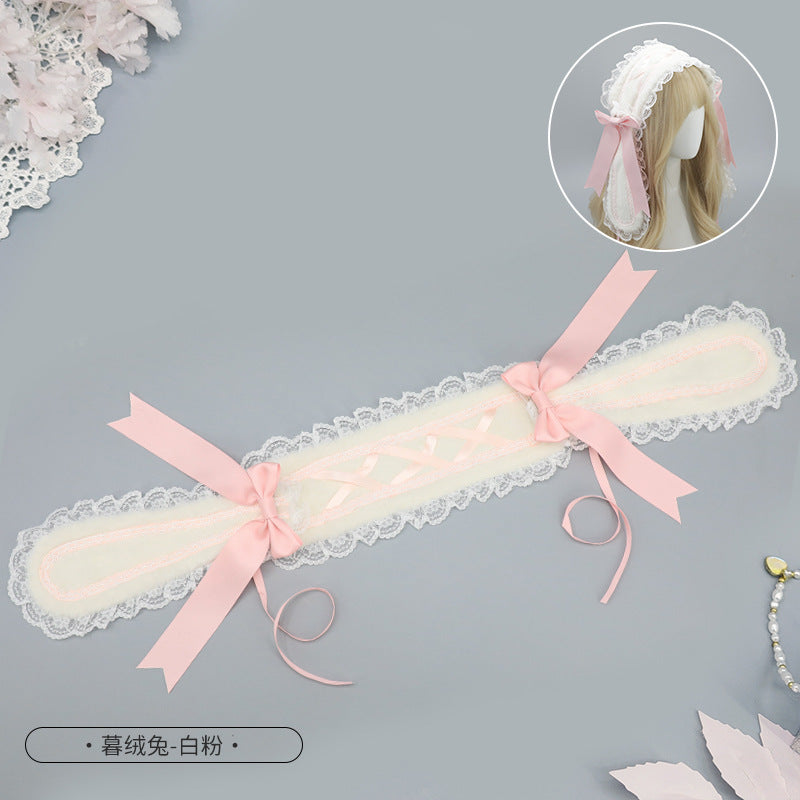 Lo Nymph Bowknot Lop-Eared Rabbit Hair Accessories Cute Sweet Plush Bunny Headwear Handmade Lolita Bunny Ears Hairband - Lolita Fetch