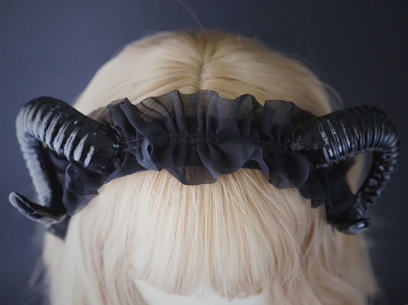 Handmade Gothic Lolita girl demon horn headband with dark design, perfect as a photography prop or accessory for Lolita fashion.