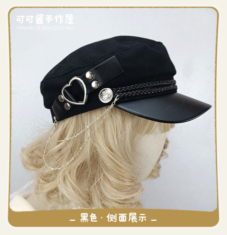 Original Woolen Military Lolita Beret Octagonal Hat Metal Hard Girl Joker Girl Punk Gothic Hat for Women