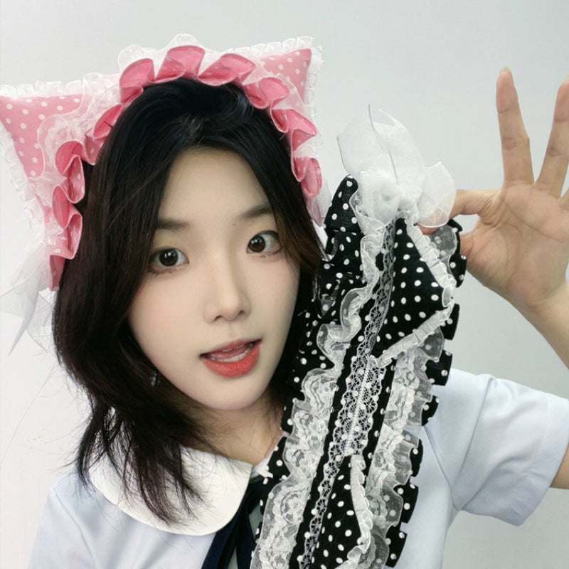 Harajuku Style Y2K Cat Ear Headband - Millennial Polka Dot Dopamine Accessory